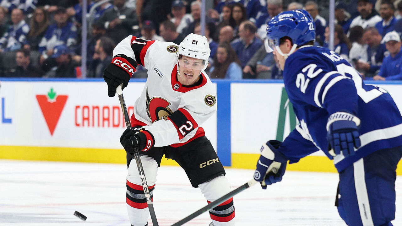 TORONTO, CANADA - APRIL 22: Nick Cousins #21 of the Ottawa Senators skates with the puck against the Toronto Maple Leafs during the second period of Game Two of the First Round of the 2025 Stanley Cup Playoffs at Scotiabank Arena on April 22, 2025 in Toronto, Ontario, Canada.