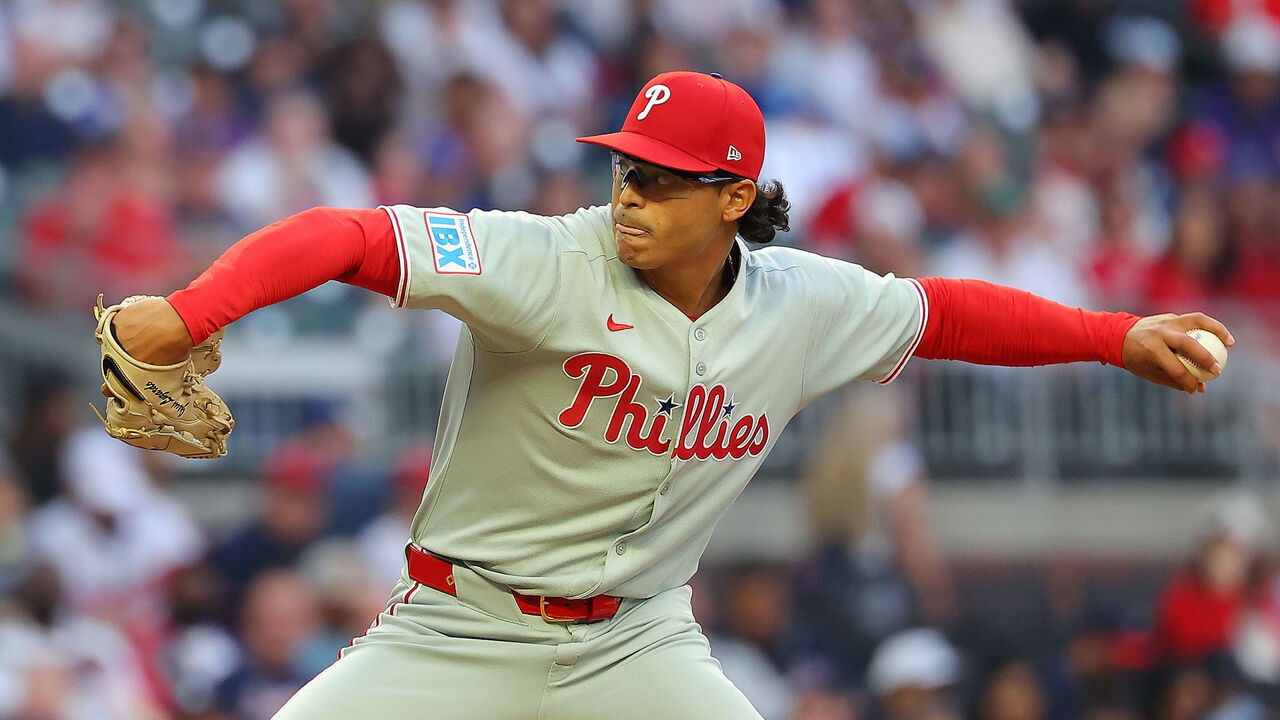 ATLANTA, GEORGIA - APRIL 10: Jesus Luzardo #44 of the Philadelphia Phillies pitches in the first inning against the Atlanta Braves at Truist Park on April 10, 2025 in Atlanta, Georgia.