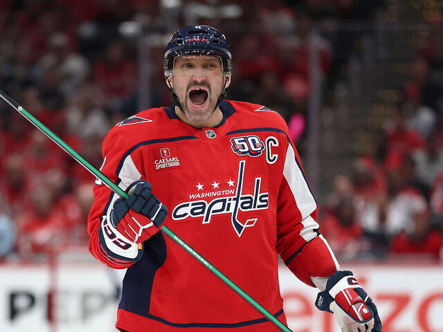 WASHINGTON, DC - APRIL 23: Alex Ovechkin #8 of the Washington Capitals reacts after Christian Dvorak #28 of the Montreal Canadiens scored a goal during the second period in Game Two of the First Round of the 2025 Stanley Cup Playoffs at Capital One Arena on April 23, 2025 in Washington, DC.