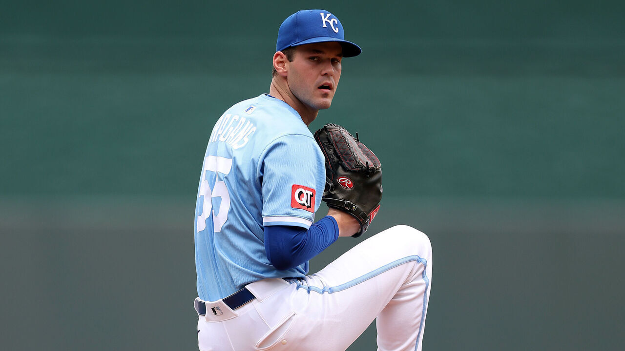 KANSAS CITY, MISSOURI - APRIL 24: Starting pitcher Cole Ragans #55 of the Kansas City Royals warms up prior to game one of a double-header against the Colorado Rockies at Kauffman Stadium on April 24, 2025 in Kansas City, Missouri.