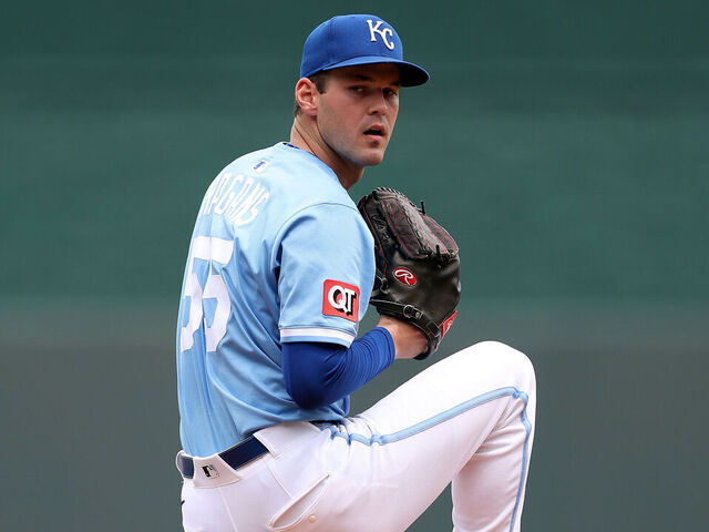 KANSAS CITY, MISSOURI - APRIL 24: Starting pitcher Cole Ragans #55 of the Kansas City Royals warms up prior to game one of a double-header against the Colorado Rockies at Kauffman Stadium on April 24, 2025 in Kansas City, Missouri.