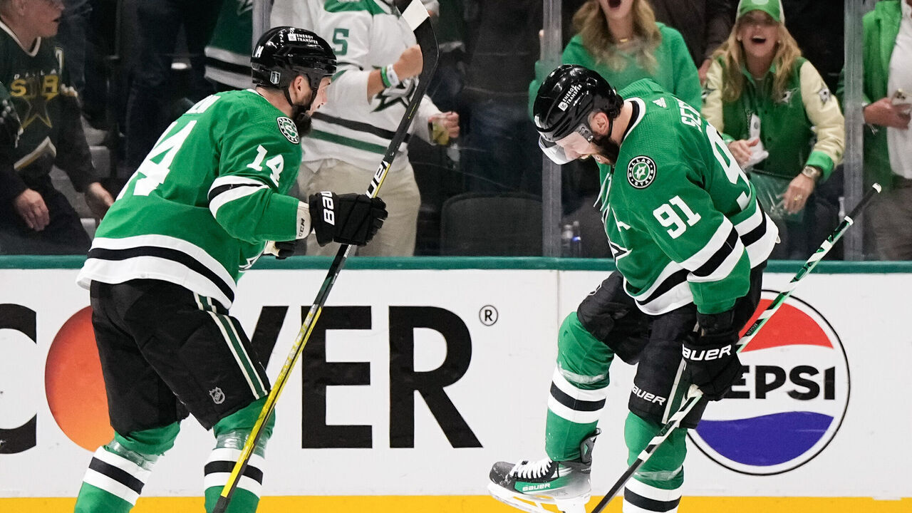 DALLAS, TEXAS - MAY 09: Tyler Seguin #91 of the Dallas Stars celebrates after his goal against the Colorado Avalanche with Jamie Benn #14 during the second period in Game Two of the Second Round of the 2024 Stanley Cup Playoffs at American Airlines Center on May 09, 2024 in Dallas, Texas.