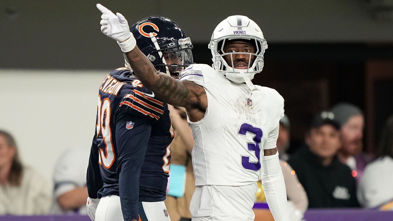MINNEAPOLIS, MINNESOTA - DECEMBER 16: Wide receiver Jordan Addison #3 of the Minnesota Vikings celebrates during the fourth quarter of an NFL football game against the Chicago Bears, at U.S. Bank Stadium on December 16, 2024 in Minneapolis, Minnesota.