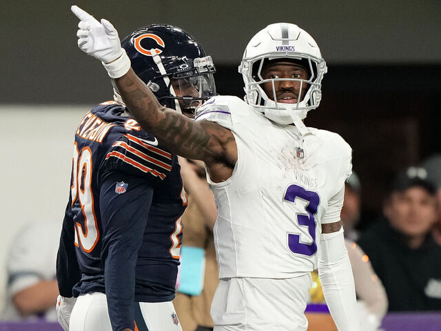 MINNEAPOLIS, MINNESOTA - DECEMBER 16: Wide receiver Jordan Addison #3 of the Minnesota Vikings celebrates during the fourth quarter of an NFL football game against the Chicago Bears, at U.S. Bank Stadium on December 16, 2024 in Minneapolis, Minnesota.