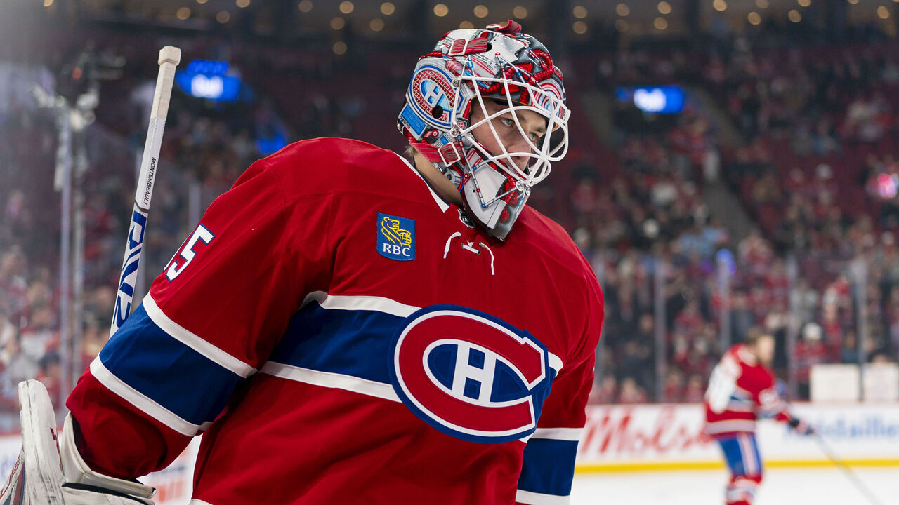 MONTREAL, CANADA- APRIL 16: Sam Montembeault #35 of the Montreal Canadiens looks on during the warm-up of the NHL regular season game between the Montreal Canadiens and the Carolina Hurricanes at the Bell Centre on April 16, 2025 in Montreal, Quebec, Canada.