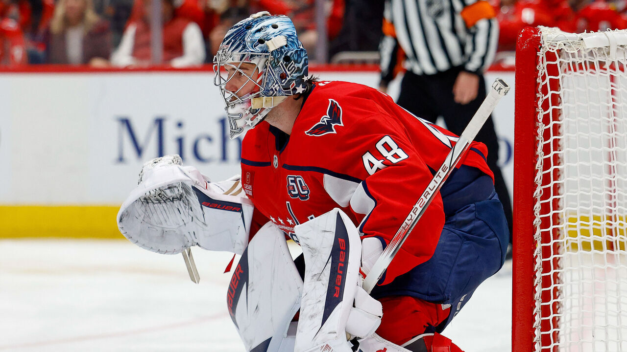 WASHINGTON, DC - APRIL 23: Logan Thompson #48 of the Washington Capitals watches the play during Game Two of the First Round of the 2025 Stanley Cup Playoffs against the Montreal Canadiens at Capital One Arena on April 23, 2025 in Washington, D.C.