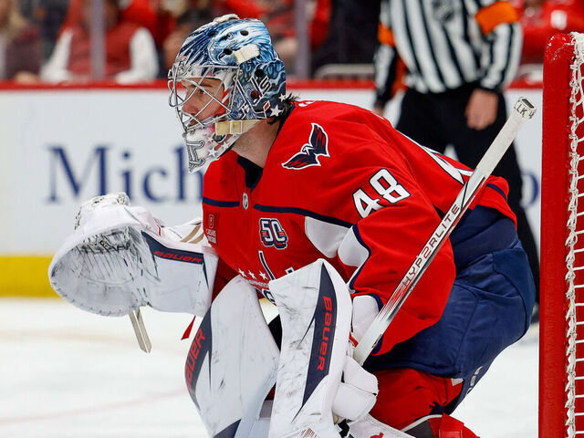 WASHINGTON, DC - APRIL 23: Logan Thompson #48 of the Washington Capitals watches the play during Game Two of the First Round of the 2025 Stanley Cup Playoffs against the Montreal Canadiens at Capital One Arena on April 23, 2025 in Washington, D.C.