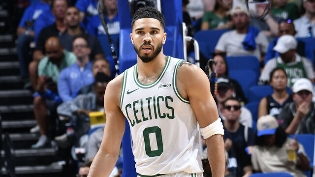 ORLANDO, FL - APRIL 25: Jayson Tatum #0 of the Boston Celtics looks on during Round One, Game Three of the 2025 NBA Playoffs against the Orlando Magic on April 25, 2025 at Kia Center in Orlando, Florida. Mandatory Copyright Notice: Copyright 2025 NBAE