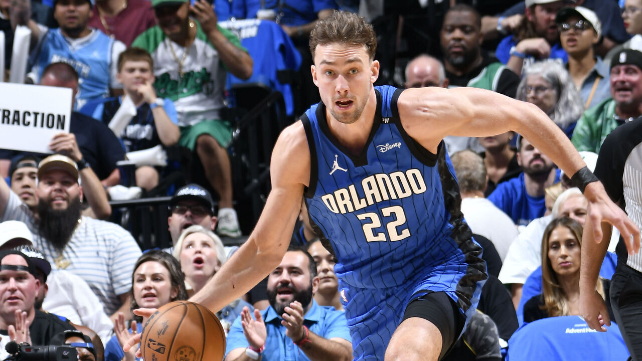 ORLANDO, FL - APRIL 25: Franz Wagner #22 of the Orlando Magic dribbles the ball during Round One, Game Three of the 2025 NBA Playoffs against the Boston Celtics on April 25, 2025 at Kia Center in Orlando, Florida. Mandatory Copyright Notice: Copyright 2025 NBAE