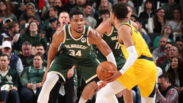 MILWAUKEE, WI - APRIL 25: Giannis Antetokounmpo #34 of the Milwaukee Bucks plays defense during the game against the Indiana Pacers during Round 1 Game 3 of the 2025 NBA Playoffs on April 25, 2025 at Fiserv Forum Center in Milwaukee, Wisconsin. Mandatory Copyright Notice: Copyright 2025 NBAE .