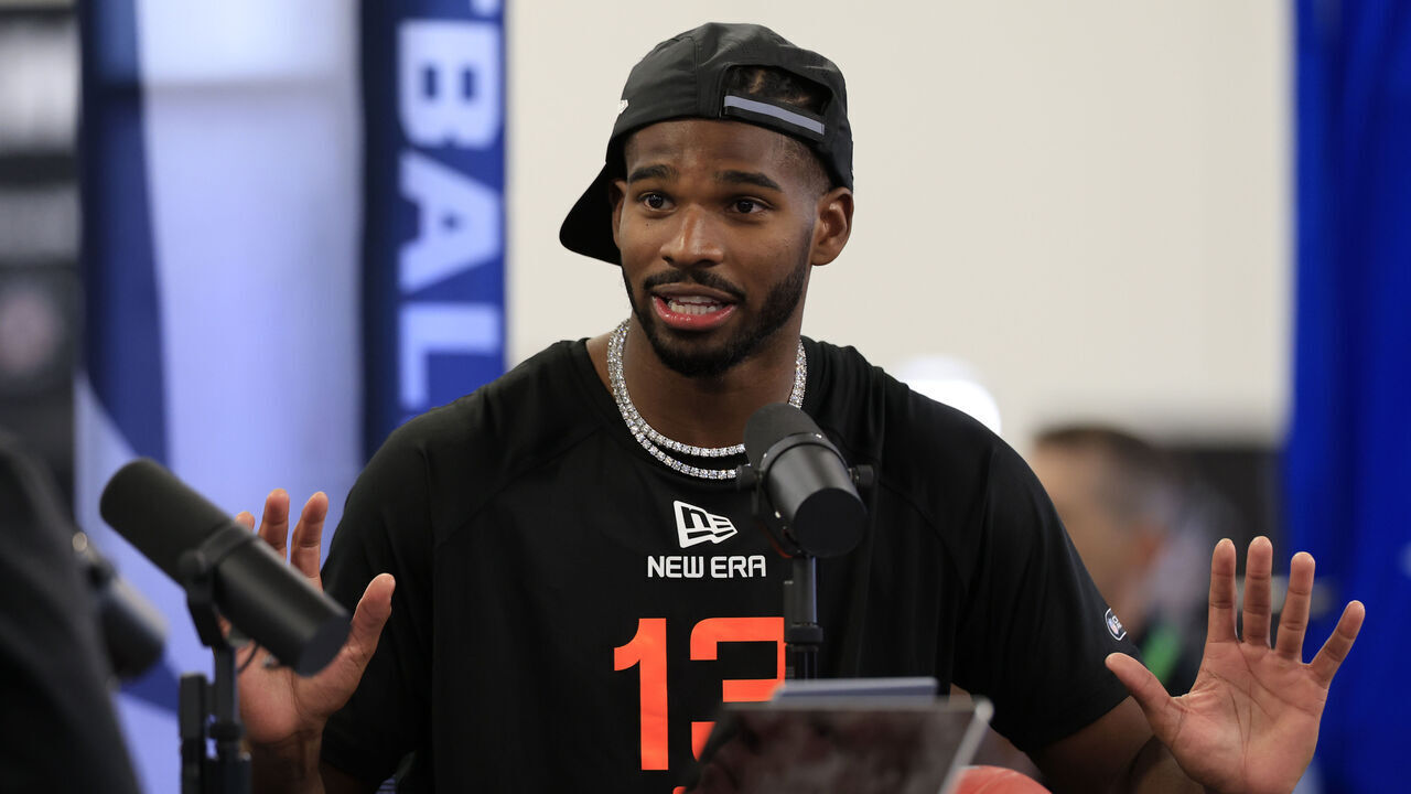 INDIANAPOLIS, INDIANA - FEBRUARY 28: Shedeur Sanders #QB13 of Colorado speaks to the media during the NFL Combine at Lucas Oil Stadium on February 28, 2025 in Indianapolis, Indiana.