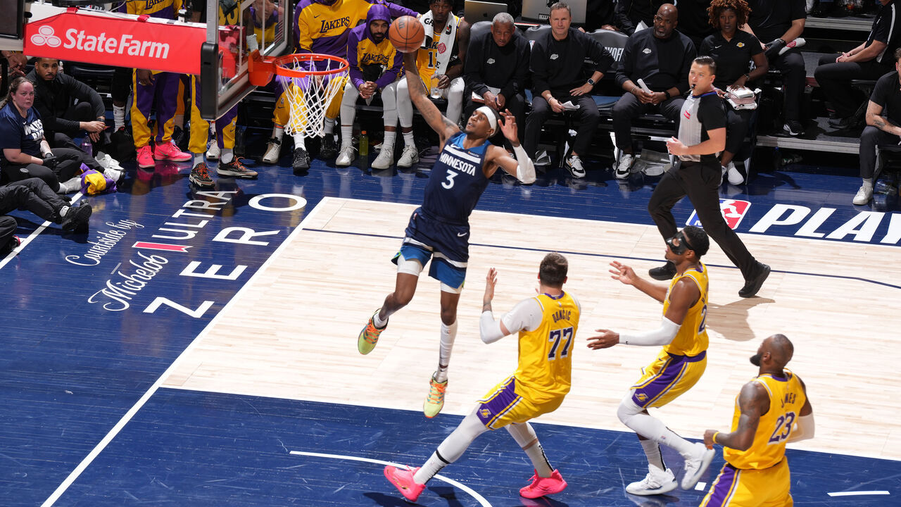 MINNEAPOLIS, MN - APRIL 25: Jaden McDaniels #3 of the Minnesota Timberwolves dunks the ball during the game against the Los Angeles Lakers during Round 1 Game 3 of the 2025 NBA Playoffs on April 25, 2025 at Target Center in Minneapolis, Minnesota. Mandatory Copyright Notice: Copyright 2025 NBAE