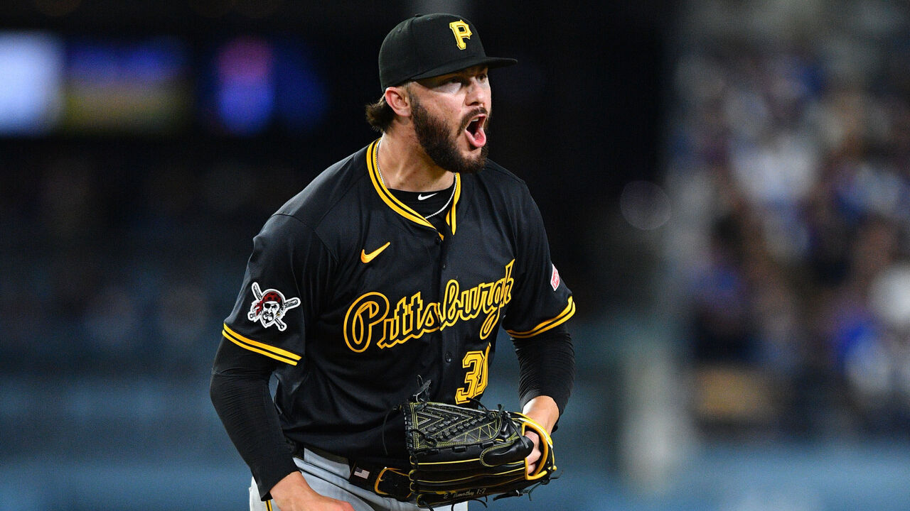 LOS ANGELES, CA - APRIL 25: Pittsburgh Pirates pitcher Paul Skenes (30) lets out a scream after striking out a batter to end the 6th inning during the MLB game between the Pittsburgh Pirates and the Los Angeles Dodgers on April 25, 2025 at Dodger Stadium in Los Angeles, CA.