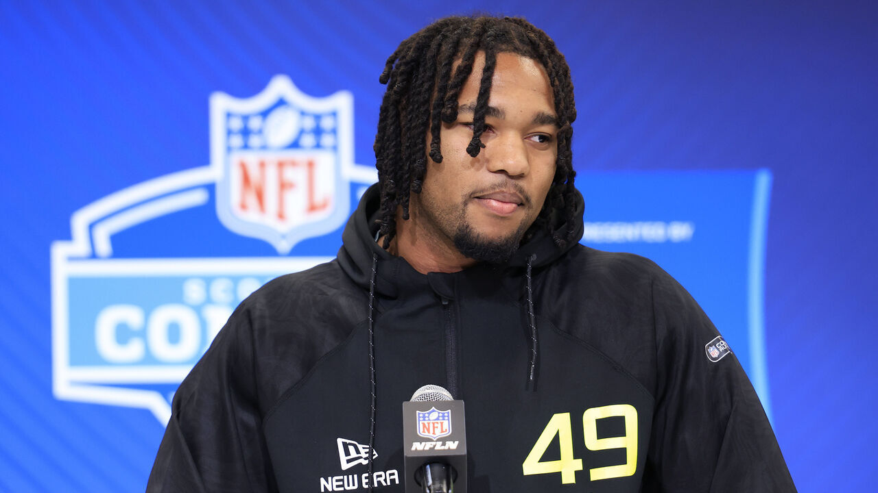 INDIANAPOLIS, INDIANA - FEBRUARY 26: Mike Green #DL49 of Marshall speaks to the media during the 2025 NFL Combine at the Indiana Convention Center on February 26, 2025 in Indianapolis, Indiana.