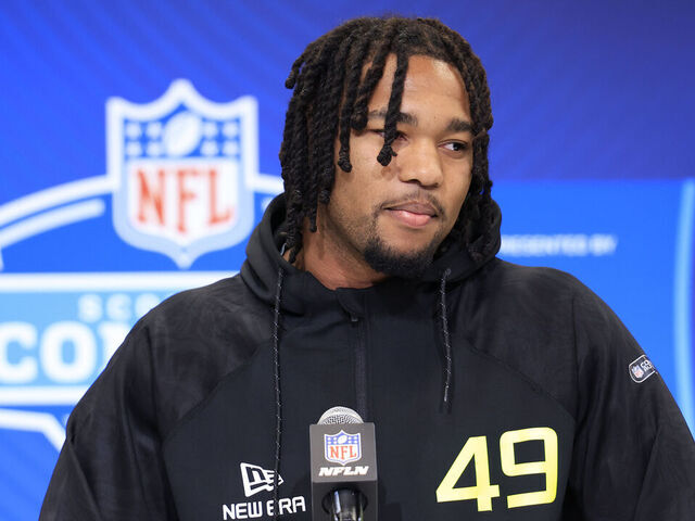 INDIANAPOLIS, INDIANA - FEBRUARY 26: Mike Green #DL49 of Marshall speaks to the media during the 2025 NFL Combine at the Indiana Convention Center on February 26, 2025 in Indianapolis, Indiana.