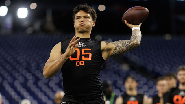 INDIANAPOLIS, INDIANA - MARCH 1: Dillon Gabriel #QB05 of Oregon participates in a drill during the NFL Scouting Combine at Lucas Oil Stadium on March 1, 2025 in Indianapolis, Indiana.