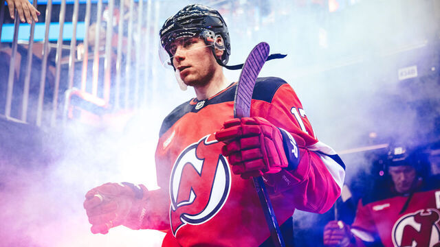 NEWARK, NEW JERSEY - APRIL 25: Simon Nemec #17 of the New Jersey Devils takes the ice during Game Three of the First Round of the 2025 Stanley Cup Playoffs against the Carolina Hurricanes at Prudential Center on April 25, 2025 in Newark, New Jersey.