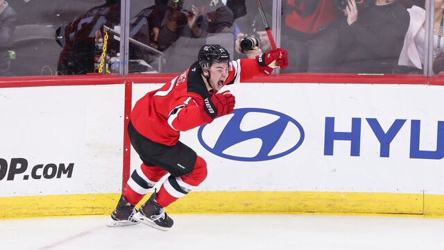 NEWARK, NJ - APRIL 25: New Jersey Devils defenseman Simon Nemec (17) celebrates after scoring the game winning goal during double overtime of Game Three of the First Round of the 2025 Stanley Cup Playoffs between the Carolina Hurricanes and New Jersey Devils at Prudential Center on April 25, 2025 in Newark, New Jersey.