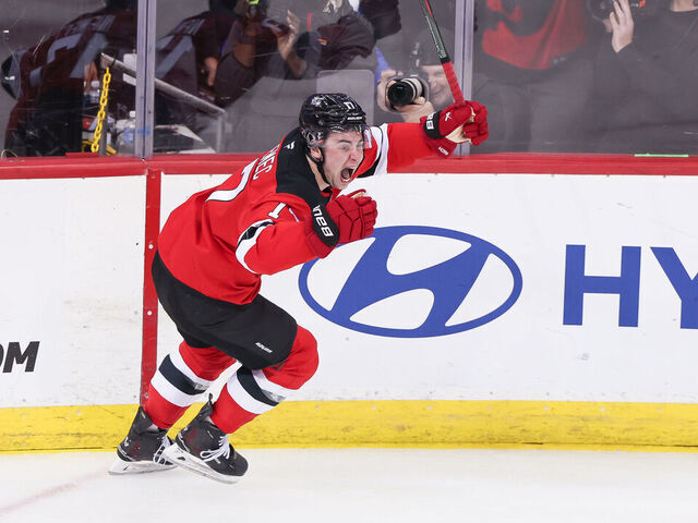 NEWARK, NJ - APRIL 25: New Jersey Devils defenseman Simon Nemec (17) celebrates after scoring the game winning goal during double overtime of Game Three of the First Round of the 2025 Stanley Cup Playoffs between the Carolina Hurricanes and New Jersey Devils at Prudential Center on April 25, 2025 in Newark, New Jersey.