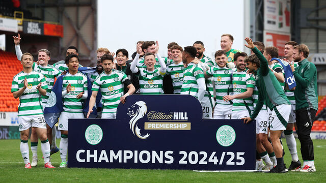DUNDEE, SCOTLAND - APRIL 26: Celtic celebrate winning the William Hill Premiership Title during a William Hill Premiership match between Dundee Utd and Celtic at the CalForth Construction Arena at Tannadice Park, on April 26, 2025, in Dundee, Scotland.