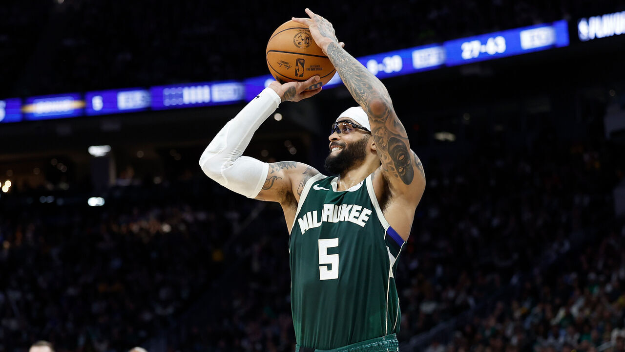 MILWAUKEE, WISCONSIN - APRIL 25: Gary Trent Jr. #5 of the Milwaukee Bucks makes a three point shot against the Indiana Pacers in the second half of game three of the first round of the 2025 NBA playoffs at Fiserv Forum on April 25, 2025 in Milwaukee, Wisconsin.