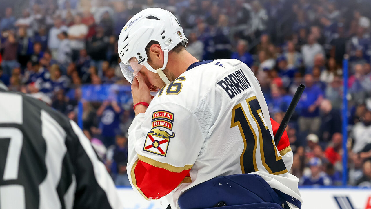TAMPA, FL - APRIL 24: Aleksander Barkov #16 of the Florida Panthers reacts after being checked by Brandon Hagel #38 of the Tampa Bay Lightning in the third period of Game Two of the First Round of the 2025 Stanley Cup Playoffs at the Amalie Arena on April 24, 2025 in Tampa, Florida. Hagel was given a five-minute penalty for interference on the play.