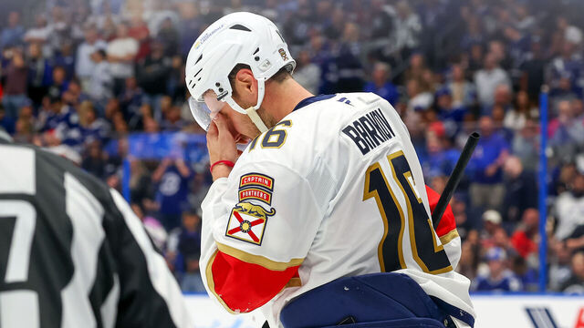TAMPA, FL - APRIL 24: Aleksander Barkov #16 of the Florida Panthers reacts after being checked by Brandon Hagel #38 of the Tampa Bay Lightning in the third period of Game Two of the First Round of the 2025 Stanley Cup Playoffs at the Amalie Arena on April 24, 2025 in Tampa, Florida. Hagel was given a five-minute penalty for interference on the play.