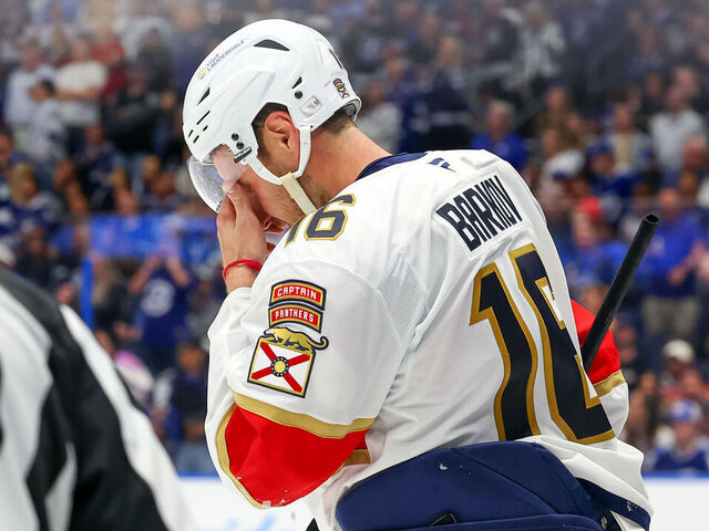TAMPA, FL - APRIL 24: Aleksander Barkov #16 of the Florida Panthers reacts after being checked by Brandon Hagel #38 of the Tampa Bay Lightning in the third period of Game Two of the First Round of the 2025 Stanley Cup Playoffs at the Amalie Arena on April 24, 2025 in Tampa, Florida. Hagel was given a five-minute penalty for interference on the play.