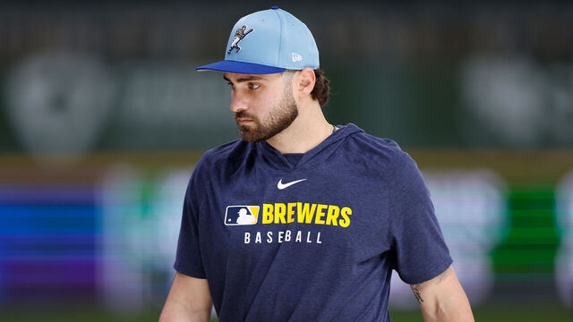 MILWAUKEE, WISCONSIN - APRIL 19: Garrett Mitchell #5 of the Milwaukee Brewers before the game against the Athletics at American Family Field on April 19, 2025 in Milwaukee, Wisconsin.