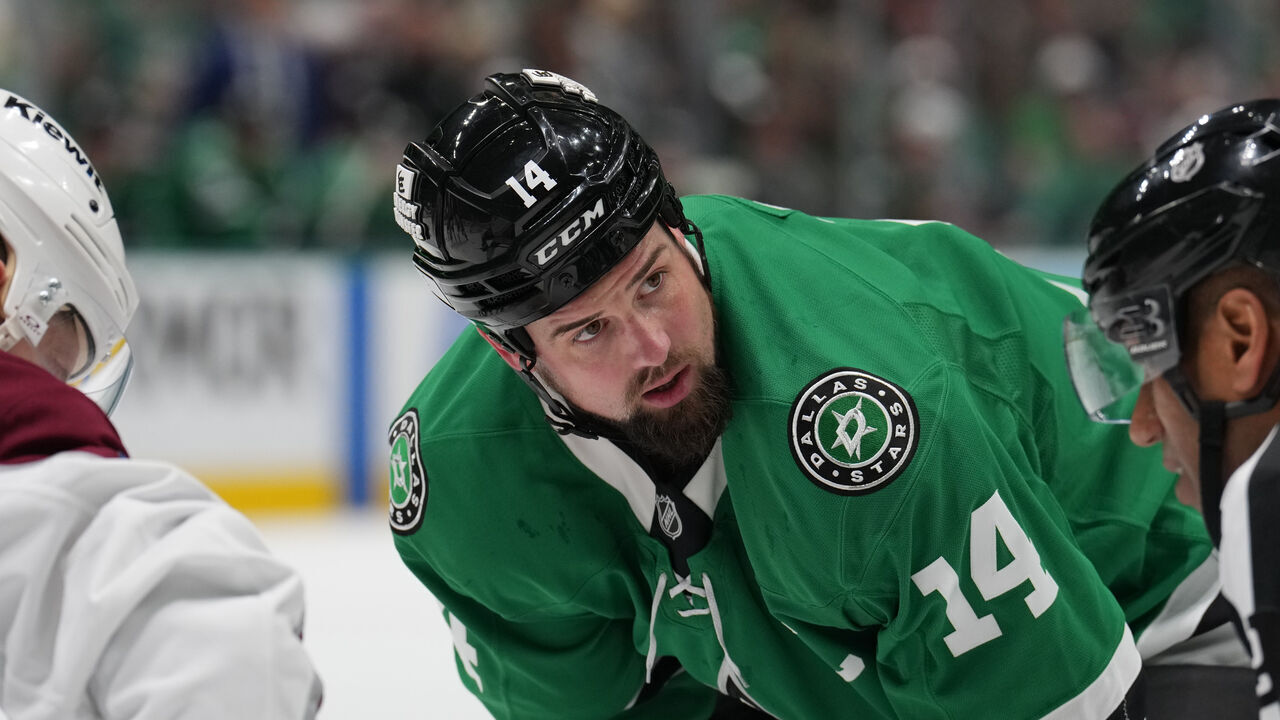 DALLAS, TX - APRIL 19: Jamie Benn #14 of the Dallas Stars lines up against the Colorado Avalanche in the second period of Game One of the First Round of the 2025 Stanley Cup Playoffs at the American Airlines Center on April 19, 2025 in Dallas, Texas.