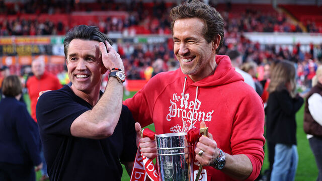 WREXHAM, WALES - APRIL 26: Rob McElhenney and Ryan Reynolds co-owner sof Wrexham ahead od the Sky Bet League One match between Wrexham AFC and Charlton Athletic FC at Racecourse Ground on April 26, 2025 in Wrexham, Wales.