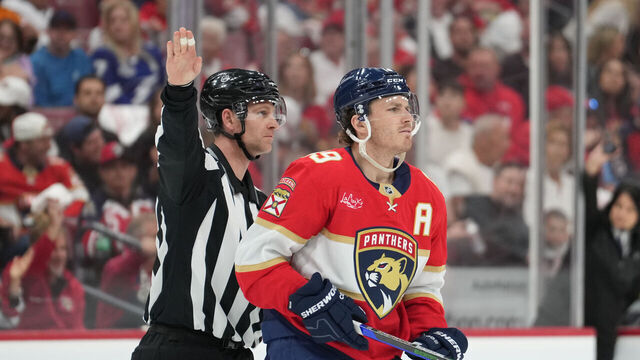 SUNRISE, FL - APRIL 26: Florida Panthers left wing Matthew Tkachuk (19) is escorted to the team bench in the first period during the Stanley Cup Playoffs First Round game between the Tampa Bay Lightning and the Florida Panthers on Saturday, April 26, 2025 at Amerant Bank Arena in Sunrise, FL.