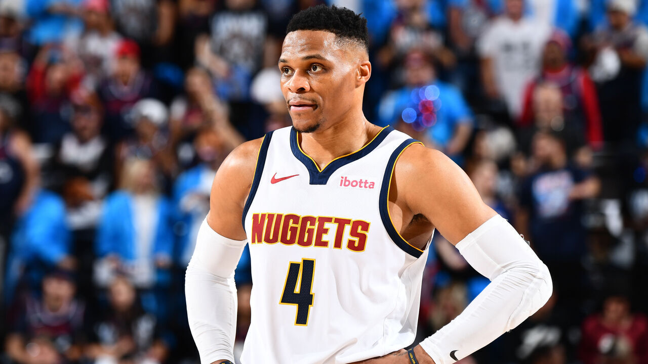 INGLEWOOD, CA - APRIL 24: Russell Westbrook #4 of the Denver Nuggets looks on during the game against the LA Clippers during Round 1 Game 3 of the 2025 NBA Playoffs on April 24, 2025 at Intuit Dome in Los Angeles, California. NOTE TO USER: User expressly acknowledges and agrees that, by downloading and/or using this Photograph, user is consenting to the terms and conditions of the Getty Images License Agreement. Mandatory Copyright Notice: Copyright 2025 NBAE