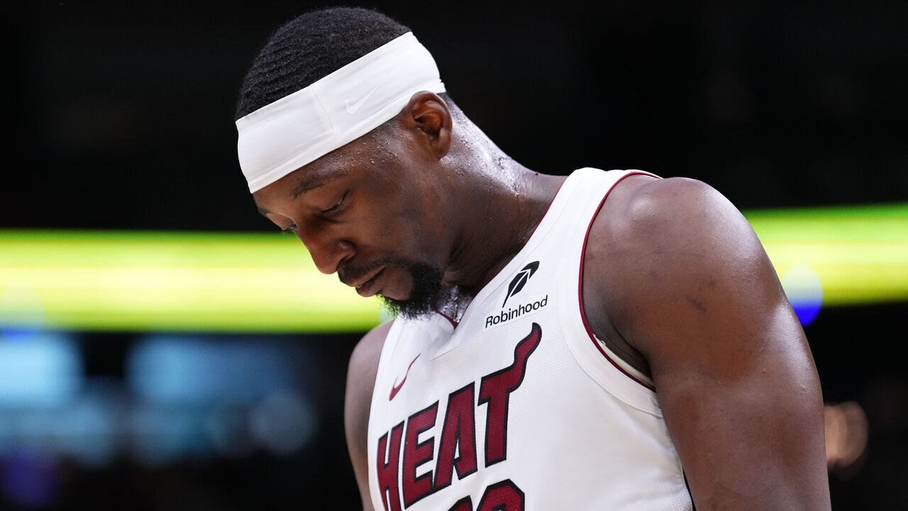 MIAMI, FLORIDA - APRIL 26: Bam Adebayo #13 of the Miami Heat reacts against the Cleveland Cavaliers during the fourth quarter in Game Three of the Eastern Conference First Round NBA Playoffs at Kaseya Center on April 26, 2025 in Miami, Florida.