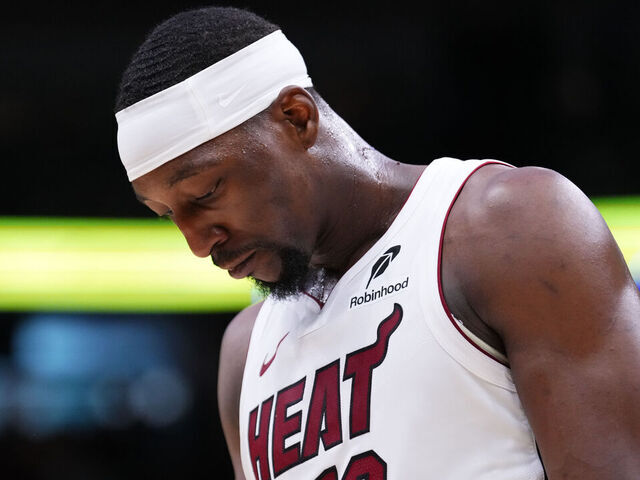 MIAMI, FLORIDA - APRIL 26: Bam Adebayo #13 of the Miami Heat reacts against the Cleveland Cavaliers during the fourth quarter in Game Three of the Eastern Conference First Round NBA Playoffs at Kaseya Center on April 26, 2025 in Miami, Florida.