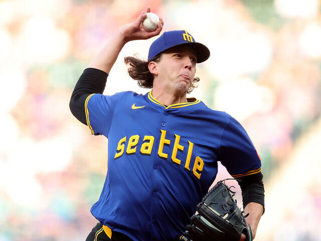 SEATTLE, WASHINGTON - APRIL 25: Logan Gilbert #36 of the Seattle Mariners pitches during the first inning against the Miami Marlins at T-Mobile Park on April 25, 2025 in Seattle, Washington.