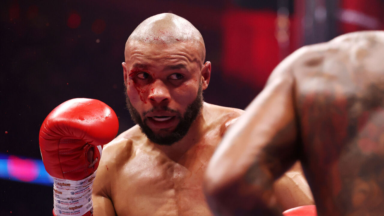 LONDON, ENGLAND - APRIL 26: Chris Eubank Jr looks on with a cut to his eye during the Middleweight fight between Chris Eubank Jr and Conor Benn as part of the Fatal Fury - Fight Night at Tottenham Hotspur Stadium on April 26, 2025 in London, England.