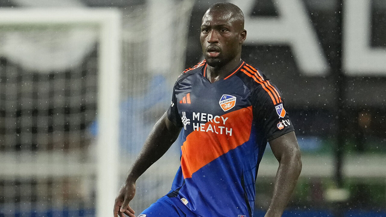 CINCINNATI, OHIO - APRIL 05: Kévin Denkey #9 of FC Cincinnati controls the ball during an MLS soccer match against New England Revolution at TQL Stadium on April 05, 2025 in Cincinnati, Ohio.