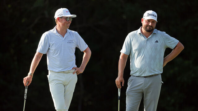 AVONDALE, LOUISIANA - APRIL 26: Andrew Novak and Ben Griffin of the United States wait on the 15th green on day three of the Zurich Classic of New Orleans on April 26, 2025 in Avondale, Louisiana.