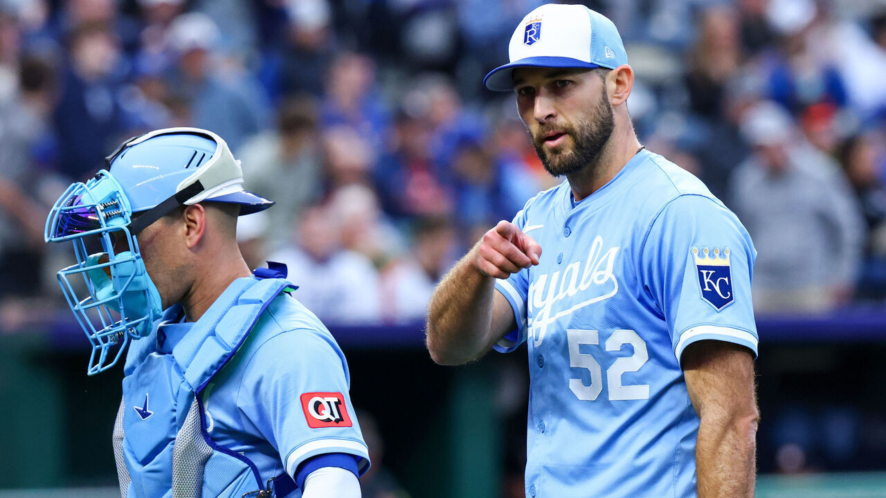 KANSAS CITY, MISSOURI - APRIL 26: Michael Wacha #52 of the Kansas City Royals celebrates after making a play at first base during the sixth inning against the Houston Astros at Kauffman Stadium on April 26, 2025 in Kansas City, Missouri.