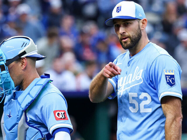 KANSAS CITY, MISSOURI - APRIL 26: Michael Wacha #52 of the Kansas City Royals celebrates after making a play at first base during the sixth inning against the Houston Astros at Kauffman Stadium on April 26, 2025 in Kansas City, Missouri.