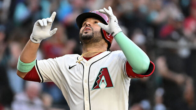 PHOENIX, ARIZONA - APRIL 26: Eugenio Suarez #28 of the Arizona Diamondbacks celebrates after hitting a two-run home run against the Atlanta Braves during the fourth inning at Chase Field on April 26, 2025 in Phoenix, Arizona.