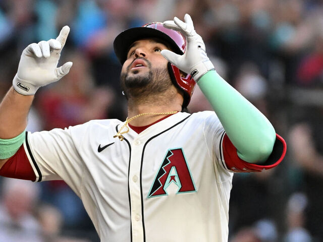 PHOENIX, ARIZONA - APRIL 26: Eugenio Suarez #28 of the Arizona Diamondbacks celebrates after hitting a two-run home run against the Atlanta Braves during the fourth inning at Chase Field on April 26, 2025 in Phoenix, Arizona.
