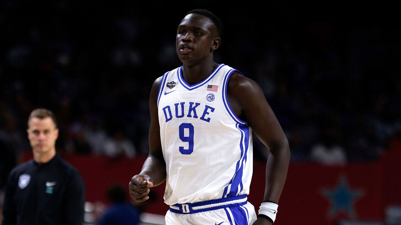 SAN ANTONIO, TEXAS - APRIL 5: Khaman Maluach #9 of the Duke Blue Devils looks on against the Houston Cougars in the first half during the Final Four round of the men's NCAA basketball tournament at Alamodome on April 5, 2025 in San Antonio, Texas.
