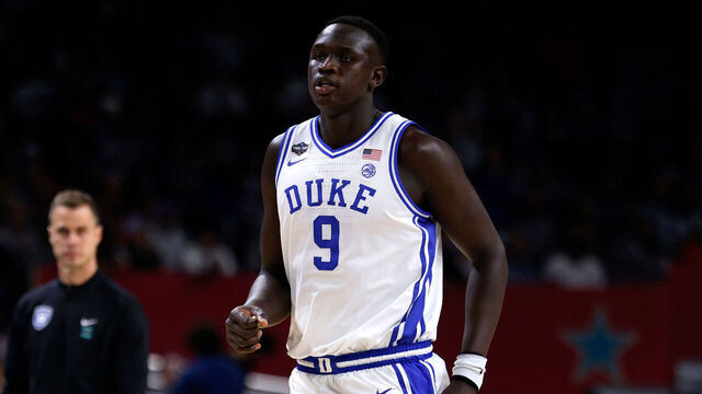 SAN ANTONIO, TEXAS - APRIL 5: Khaman Maluach #9 of the Duke Blue Devils looks on against the Houston Cougars in the first half during the Final Four round of the men's NCAA basketball tournament at Alamodome on April 5, 2025 in San Antonio, Texas.