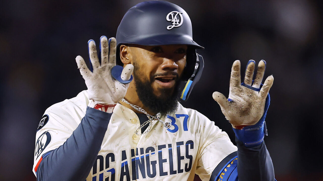 LOS ANGELES, CALIFORNIA - APRIL 26: Teoscar Hernández #37 of the Los Angeles Dodgers celebrates after hitting a single home run against the Pittsburgh Pirates during the eighth inning at Dodger Stadium on April 26, 2025 in Los Angeles, California.