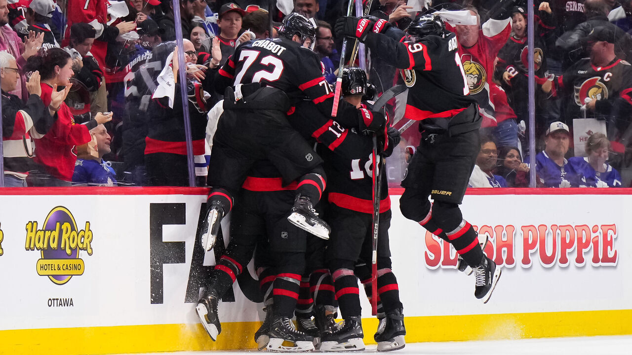OTTAWA, CANADA - APRIL 26: Members of the Ottawa Senators celebrate an overtime goal by Jake Sanderson #85 against the Toronto Maple Leafs in Game Four of the First Round of the 2025 Stanley Cup Playoffs at Canadian Tire Centre on April 26, 2025 in Ottawa, Ontario, Canada.