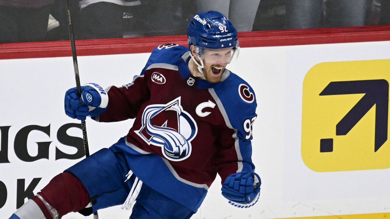 DENVER, CO - APRIL 26: Colorado Avalanche left wing Gabriel Landeskog (92) celebrates his goal against the Dallas Stars in the second period of game four of the first round of the NHL playoffs at Ball Arena in Denver, Colorado on Saturday, April 26, 2025.
