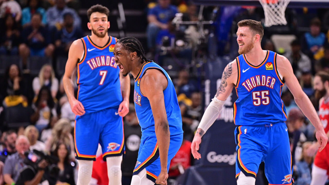 MEMPHIS, TN - APRIL 26: Jalen Williams #8 of the Oklahoma City Thunder celebrates during the game against the Memphis Grizzlies during Round 1 Game 4 of the 2025 NBA Playoffs on April 26, 2025 at FedExForum in Memphis, Tennessee. Mandatory Copyright Notice: Copyright 2025 NBAE