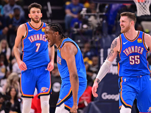 MEMPHIS, TN - APRIL 26: Jalen Williams #8 of the Oklahoma City Thunder celebrates during the game against the Memphis Grizzlies during Round 1 Game 4 of the 2025 NBA Playoffs on April 26, 2025 at FedExForum in Memphis, Tennessee. Mandatory Copyright Notice: Copyright 2025 NBAE